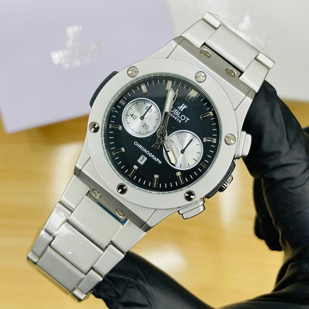 HB Premium Watch - Luxury Silver Matte Chain - Black Dial