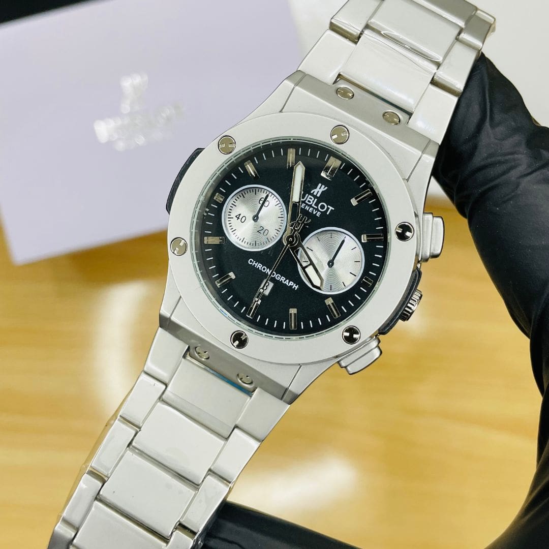 HB Premium Watch - Luxury Silver Matte Chain - Black Dial