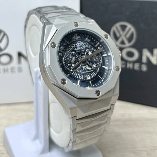 Hublot Premium Skeleton Watch - Luxury Diamond Cut Chain - Navy Blue Dial