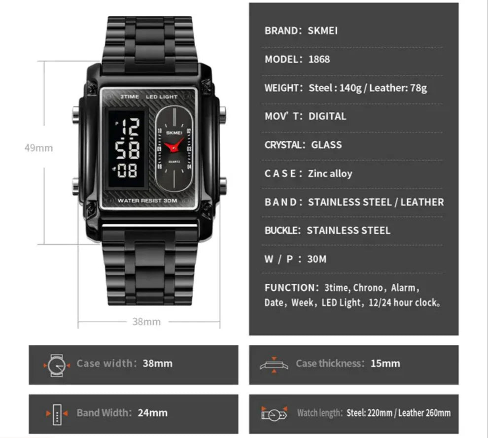 Original SKMEI - 3 Time - Water Resistant (30M) - Black