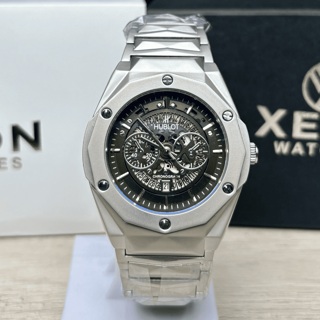 HB Premium Skeleton Watch - Luxury Diamond Cut Chain - Black Dial