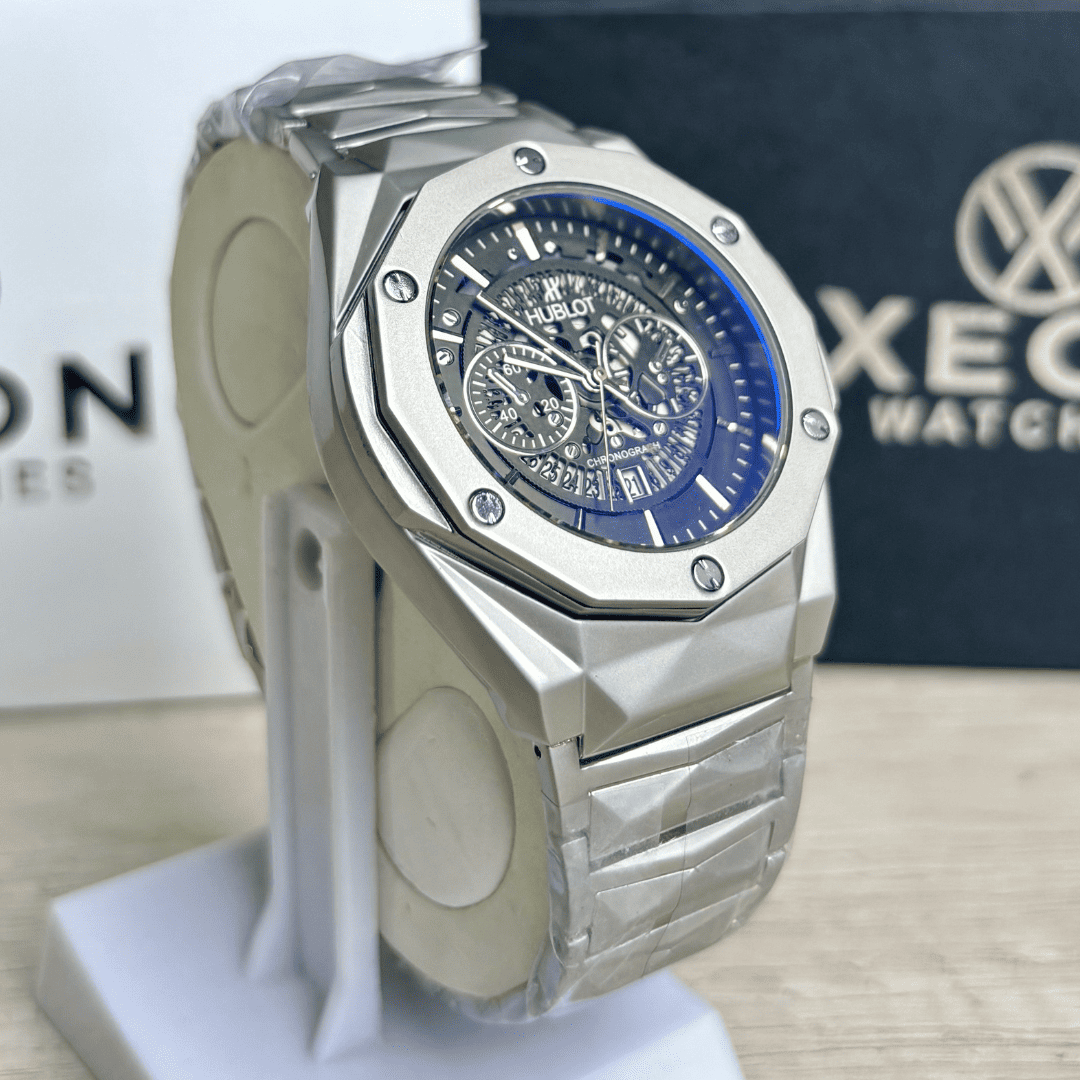HB Premium Skeleton Watch - Luxury Diamond Cut Chain - Black Dial