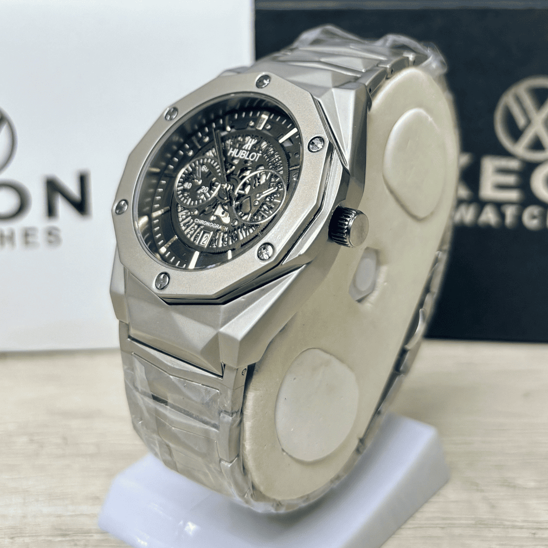 HB Premium Skeleton Watch - Luxury Diamond Cut Chain - Black Dial