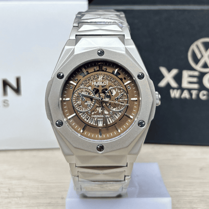 HB Premium Skeleton Watch - Luxury Diamond Cut Chain - Brown Dial