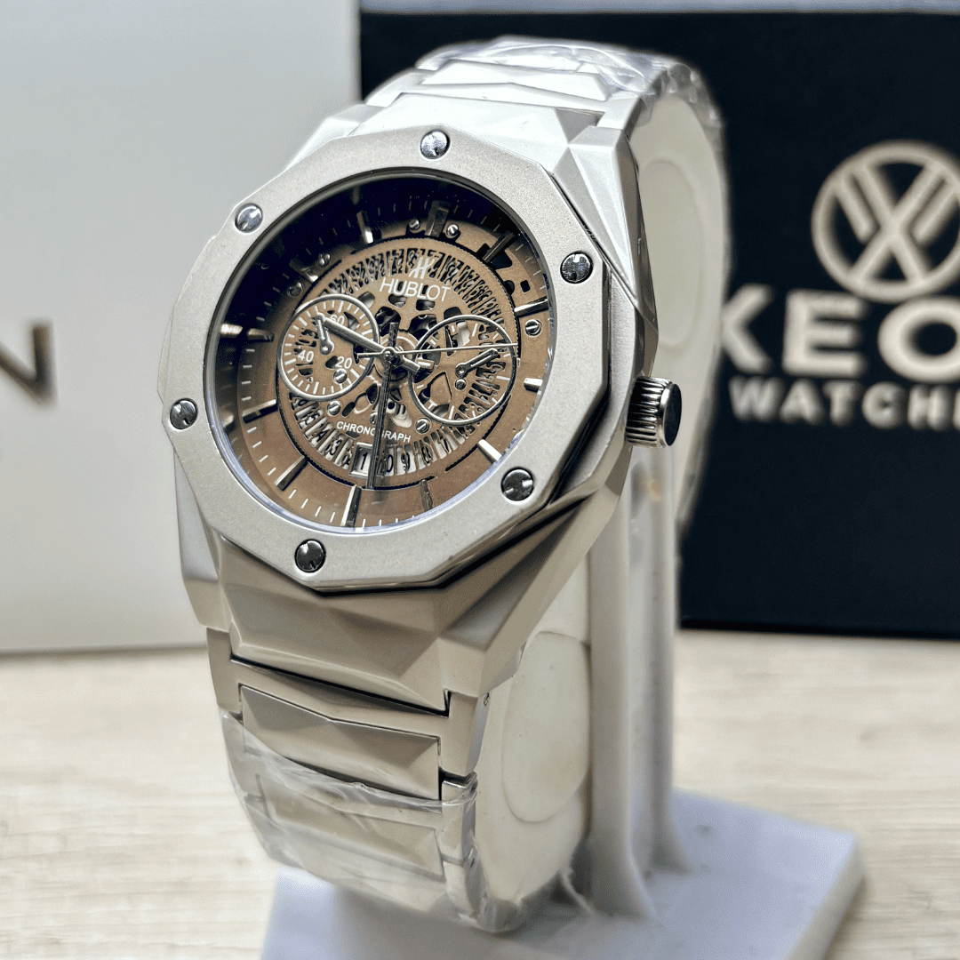 HB Premium Skeleton Watch - Luxury Diamond Cut Chain - Brown Dial