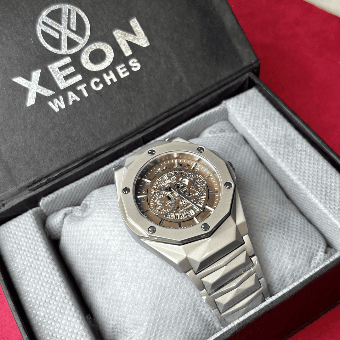 HB Premium Skeleton Watch - Luxury Diamond Cut Chain - Brown Dial