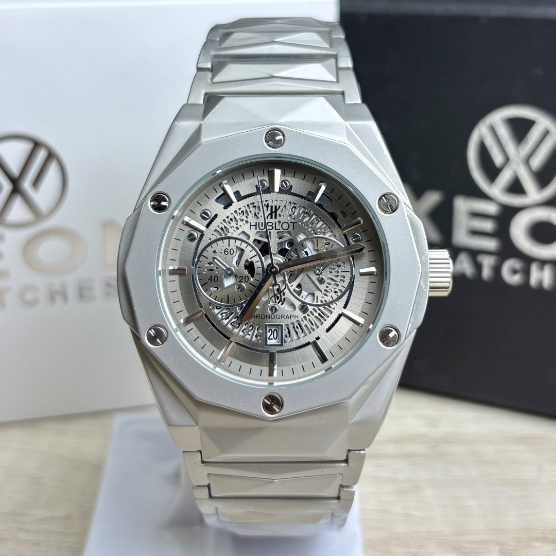 Hublot Premium Skeleton Watch - Luxury Diamond Cut Chain - Metallic Grey Dial
