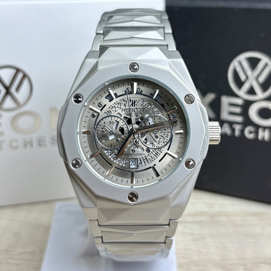 Hublot Premium Skeleton Watch - Luxury Diamond Cut Chain - Metallic Grey Dial