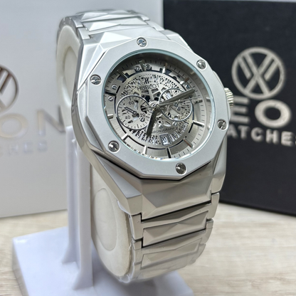 Hublot Premium Skeleton Watch - Luxury Diamond Cut Chain - Metallic Grey Dial