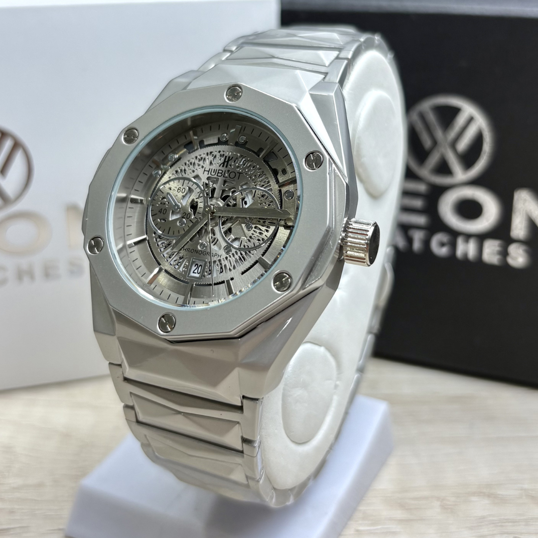 Hublot Premium Skeleton Watch - Luxury Diamond Cut Chain - Metallic Grey Dial