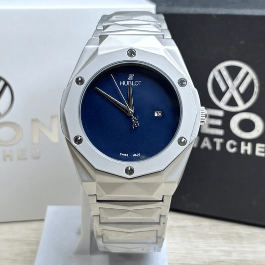 Hublot Premium Plain Dial Watch - Luxury Diamond Cut Chain - Navy Blue Dial