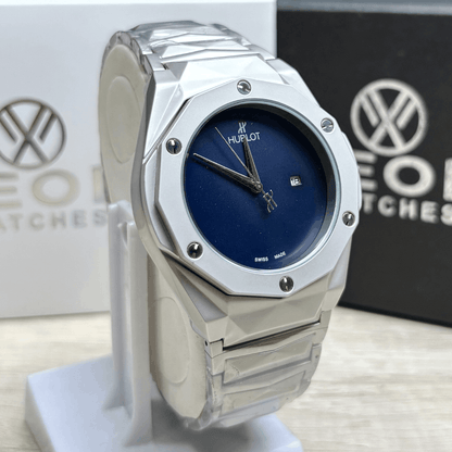 Hublot Premium Plain Dial Watch - Luxury Diamond Cut Chain - Navy Blue Dial