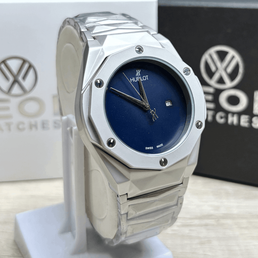 Hublot Premium Plain Dial Watch - Luxury Diamond Cut Chain - Navy Blue Dial