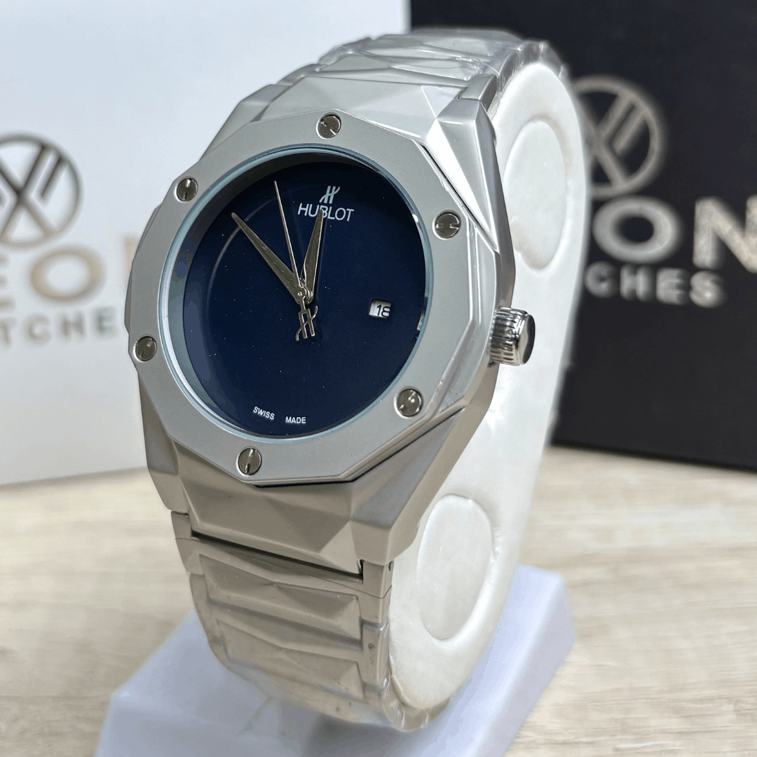 Hublot Premium Plain Dial Watch - Luxury Diamond Cut Chain - Navy Blue Dial