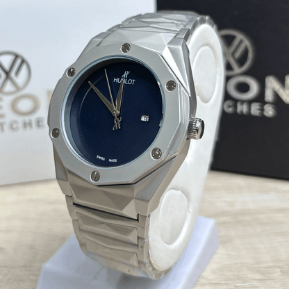 Hublot Premium Plain Dial Watch - Luxury Diamond Cut Chain - Navy Blue Dial