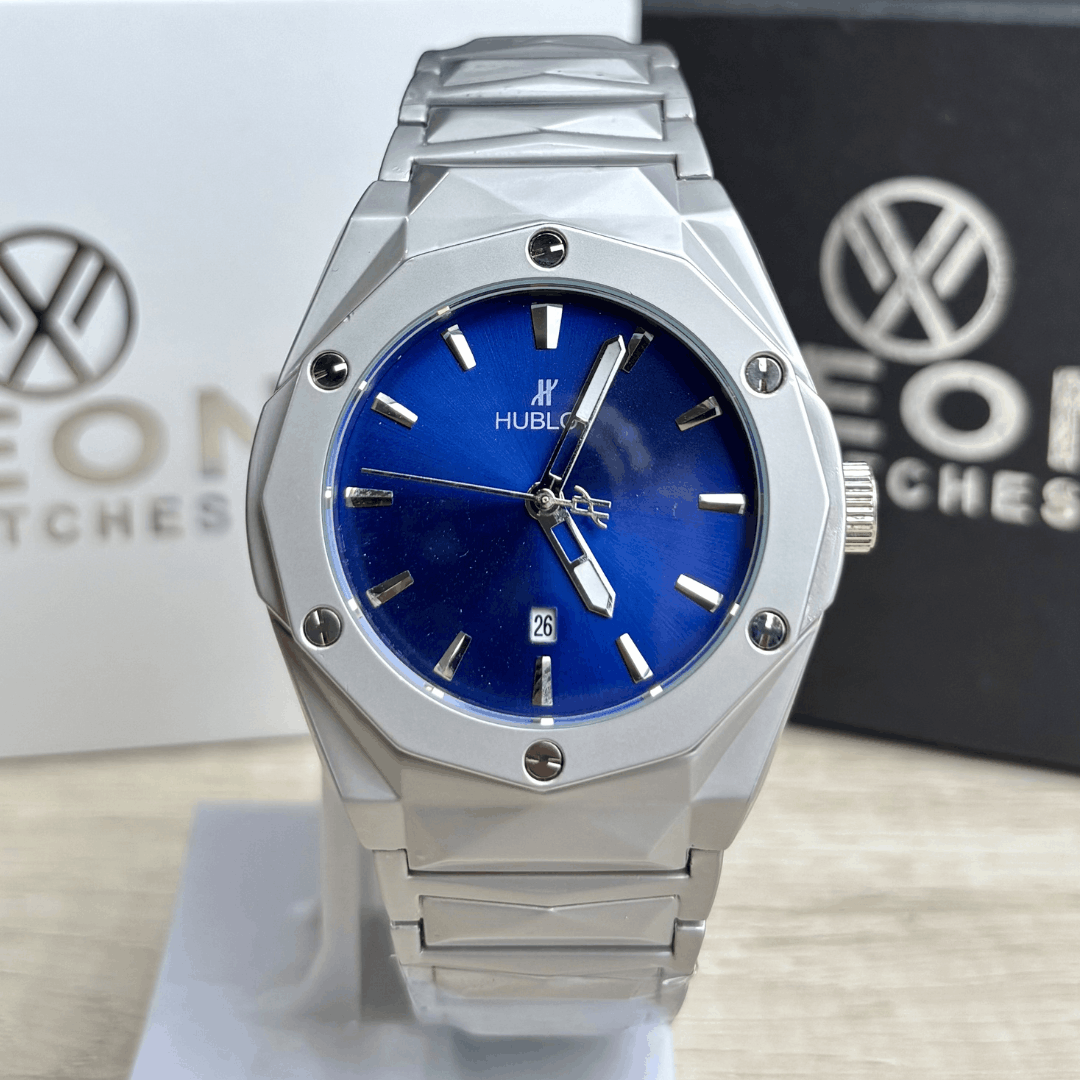 Hublot Premium Watch - Luxury Diamond Cut Chain - Navy Blue Dial