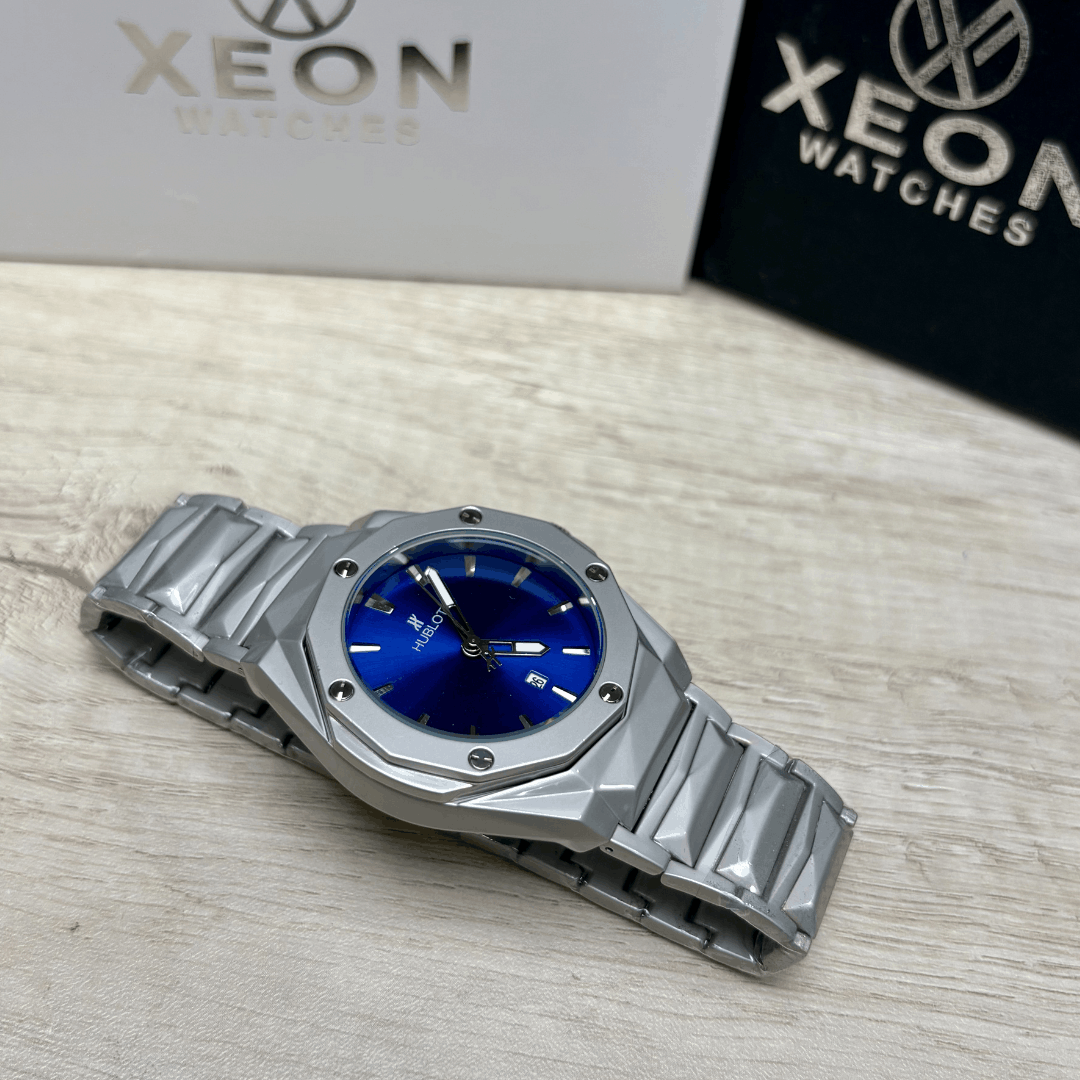 Hublot Premium Watch - Luxury Diamond Cut Chain - Navy Blue Dial