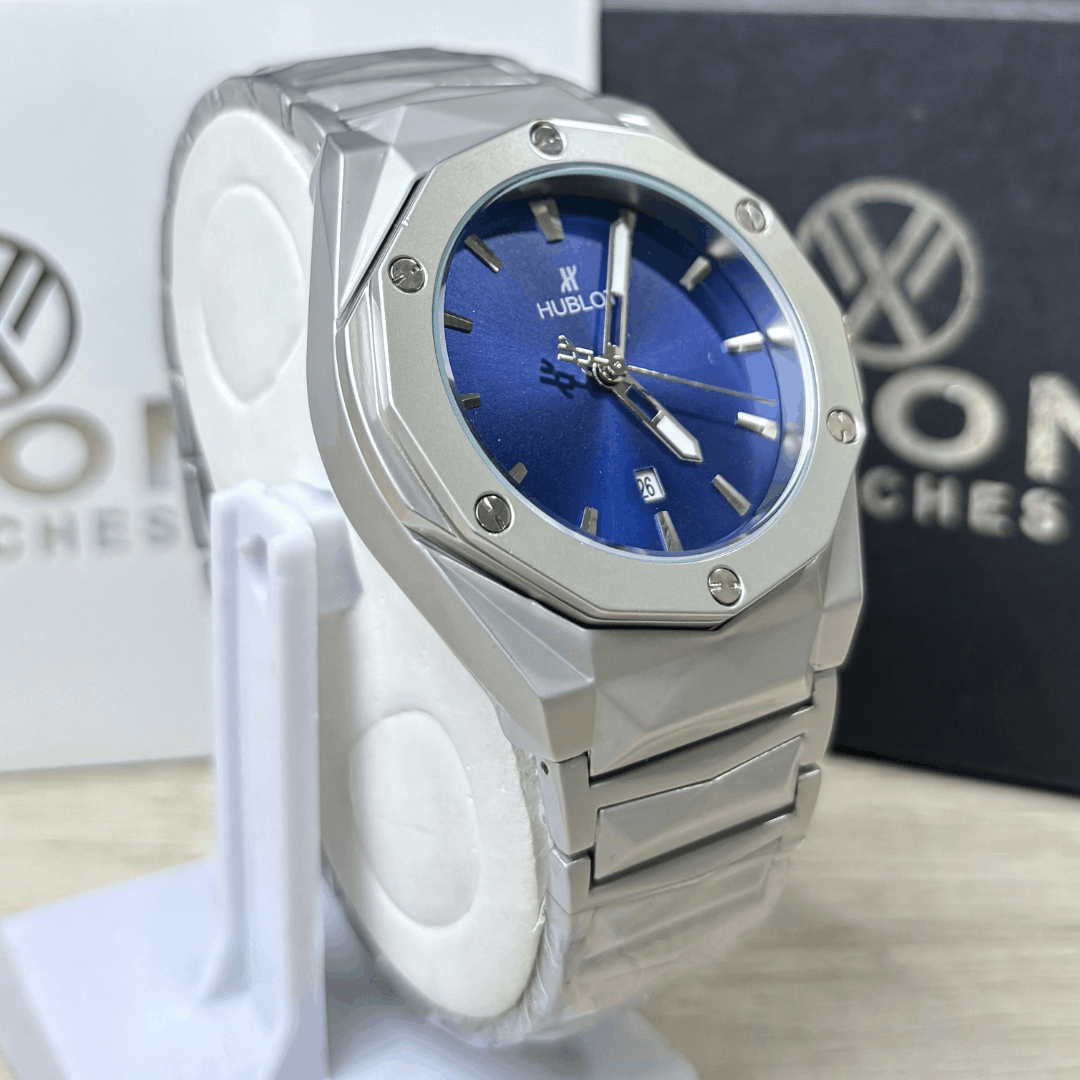 Hublot Premium Watch - Luxury Diamond Cut Chain - Navy Blue Dial