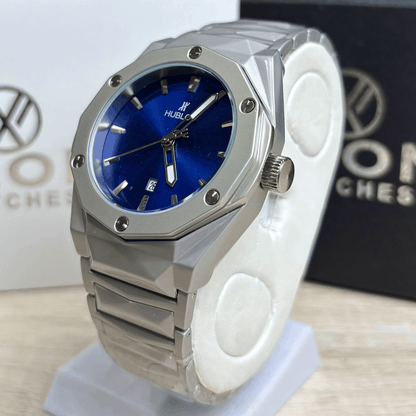 Hublot Premium Watch - Luxury Diamond Cut Chain - Navy Blue Dial