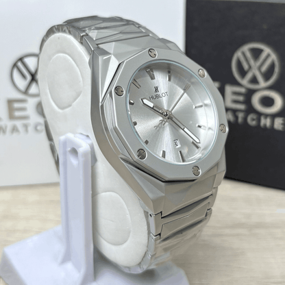 Hublot Premium Watch - Luxury Diamond Cut Chain - Silver Dial