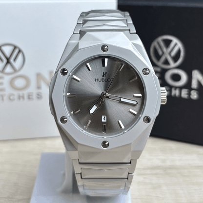 Hublot Premium Watch - Luxury Diamond Cut Chain - Metallic Grey Dial