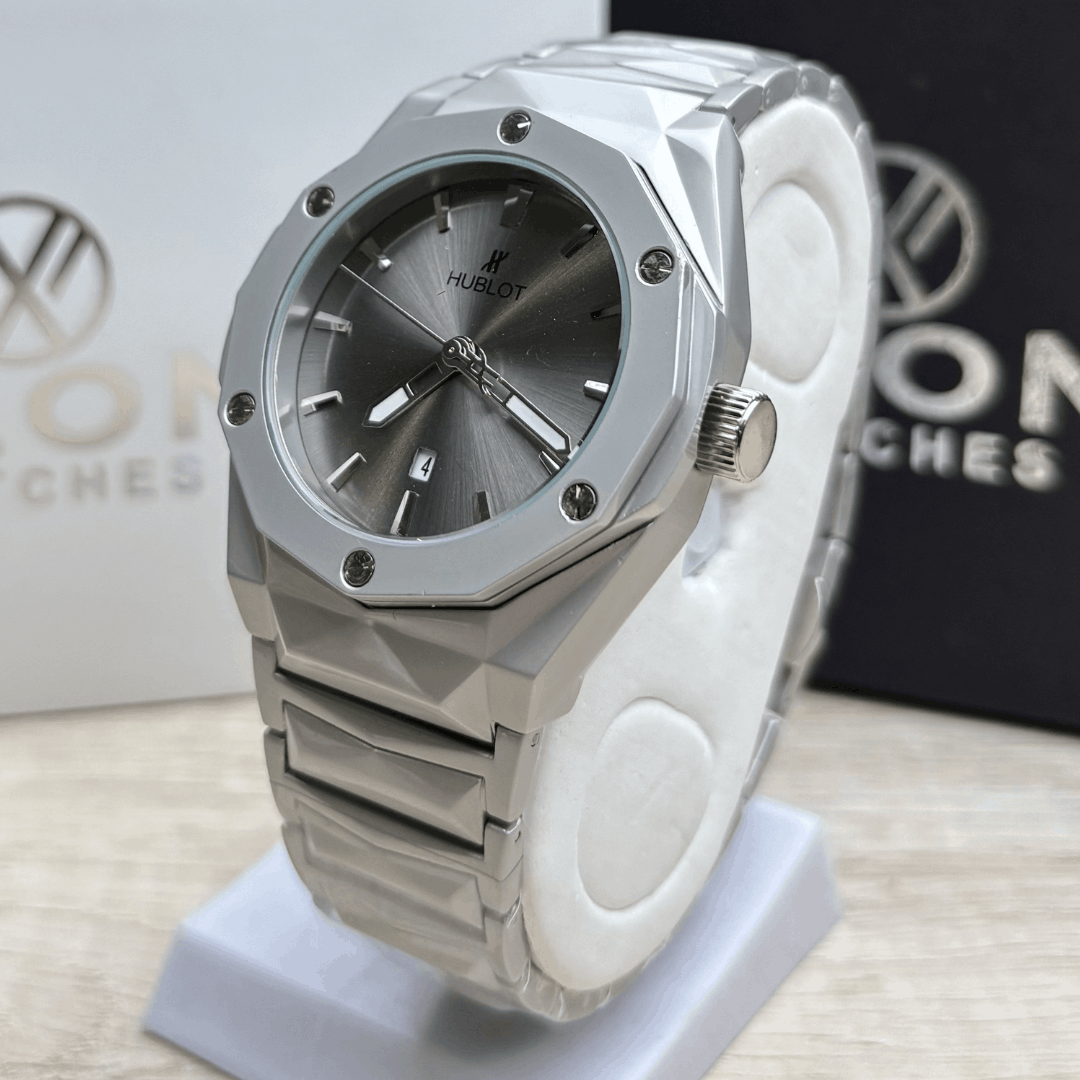 Hublot Premium Watch - Luxury Diamond Cut Chain - Metallic Grey Dial