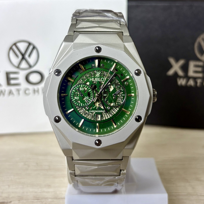 HB Premium Skeleton Watch - Luxury Diamond Cut Chain - Green Dial