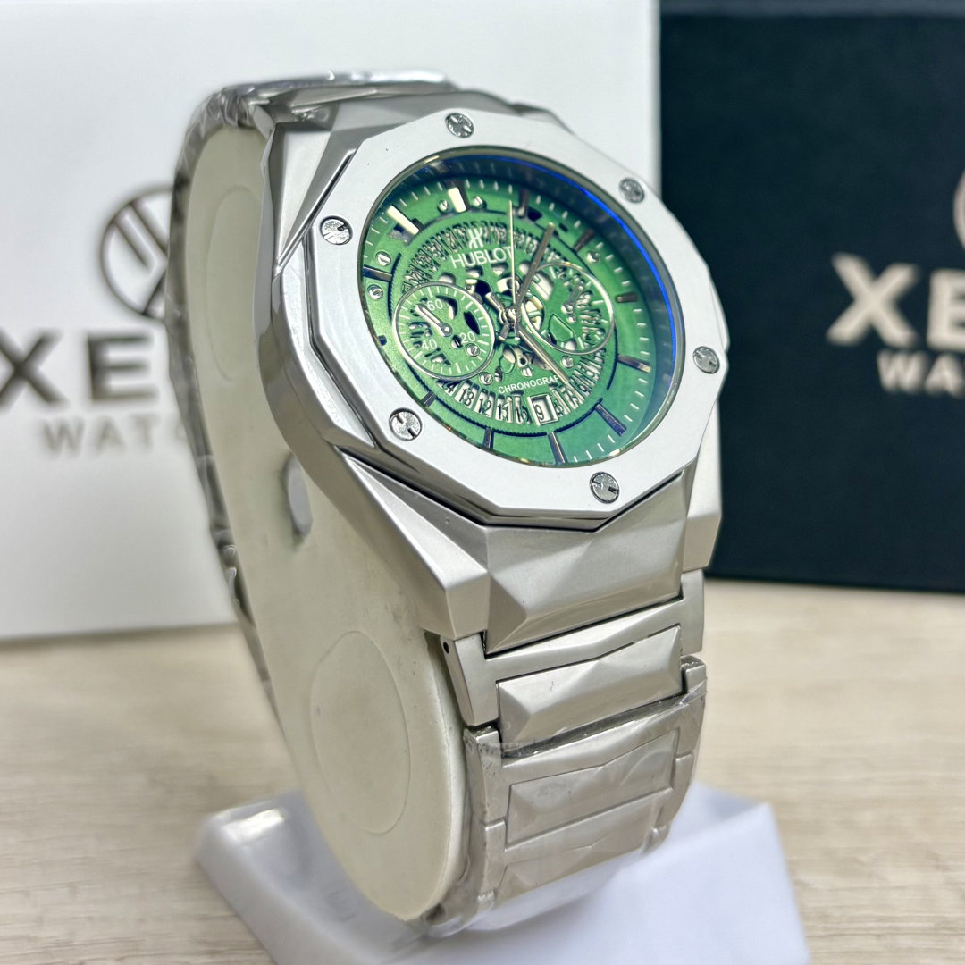 HB Premium Skeleton Watch - Luxury Diamond Cut Chain - Green Dial