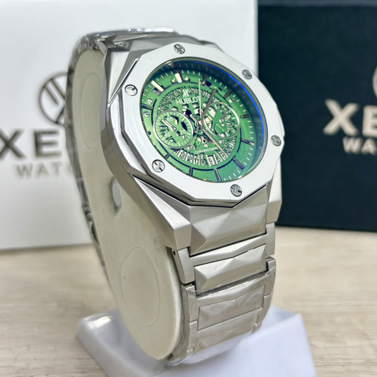 HB Premium Skeleton Watch - Luxury Diamond Cut Chain - Green Dial