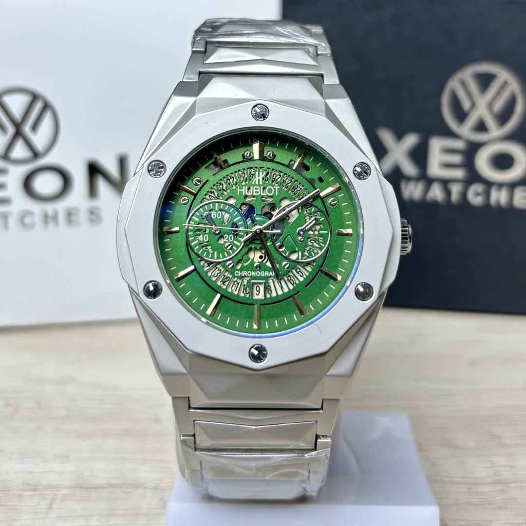 HB Premium Skeleton Watch - Luxury Diamond Cut Chain - Green Dial