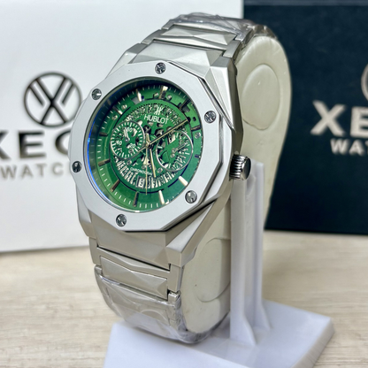 HB Premium Skeleton Watch - Luxury Diamond Cut Chain - Green Dial