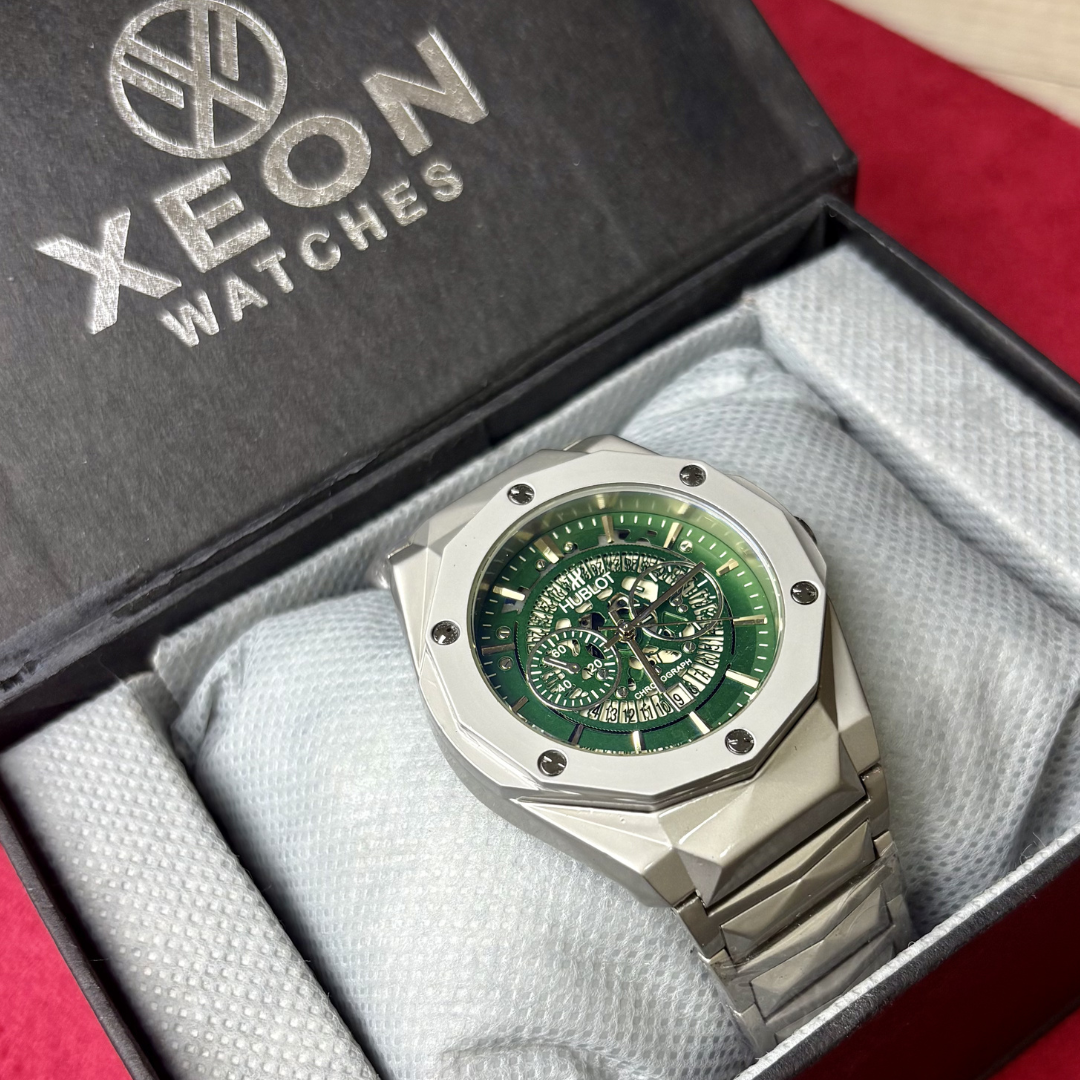HB Premium Skeleton Watch - Luxury Diamond Cut Chain - Green Dial