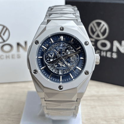 Hublot Premium Skeleton Watch - Luxury Diamond Cut Chain - Navy Blue Dial
