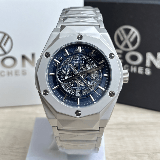 Hublot Premium Skeleton Watch - Luxury Diamond Cut Chain - Navy Blue Dial