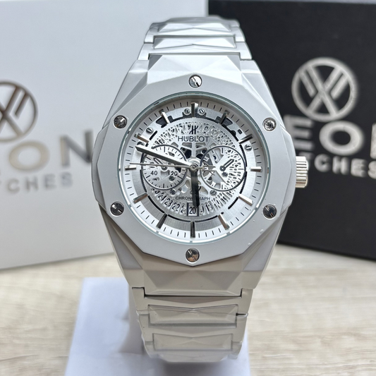 Hublot Premium Skeleton Watch - Luxury Diamond Cut Chain - Silver Dial