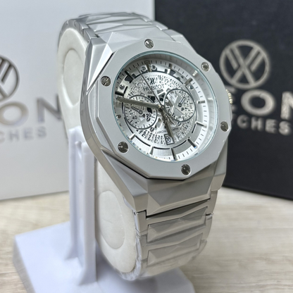 Hublot Premium Skeleton Watch - Luxury Diamond Cut Chain - Silver Dial