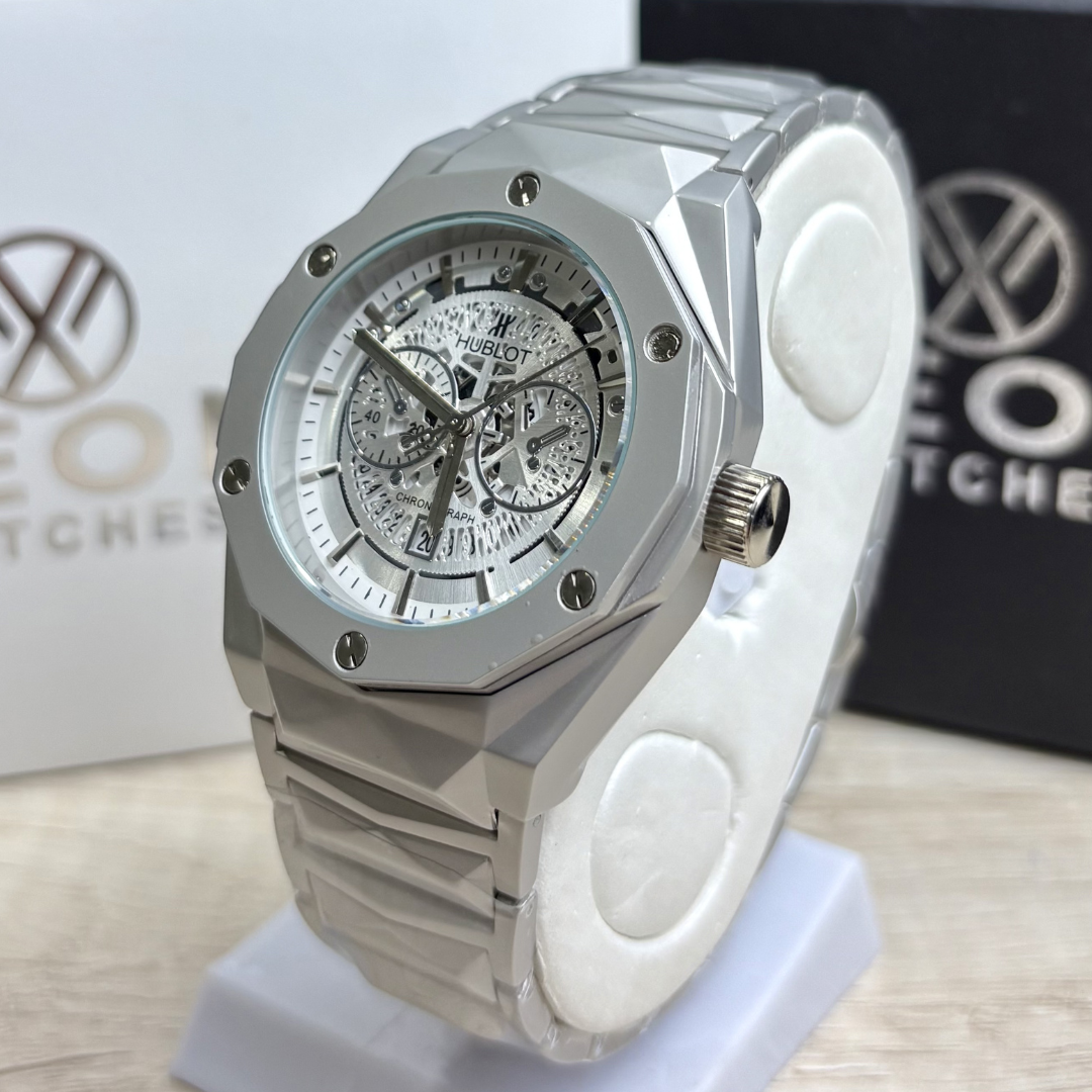 Hublot Premium Skeleton Watch - Luxury Diamond Cut Chain - Silver Dial