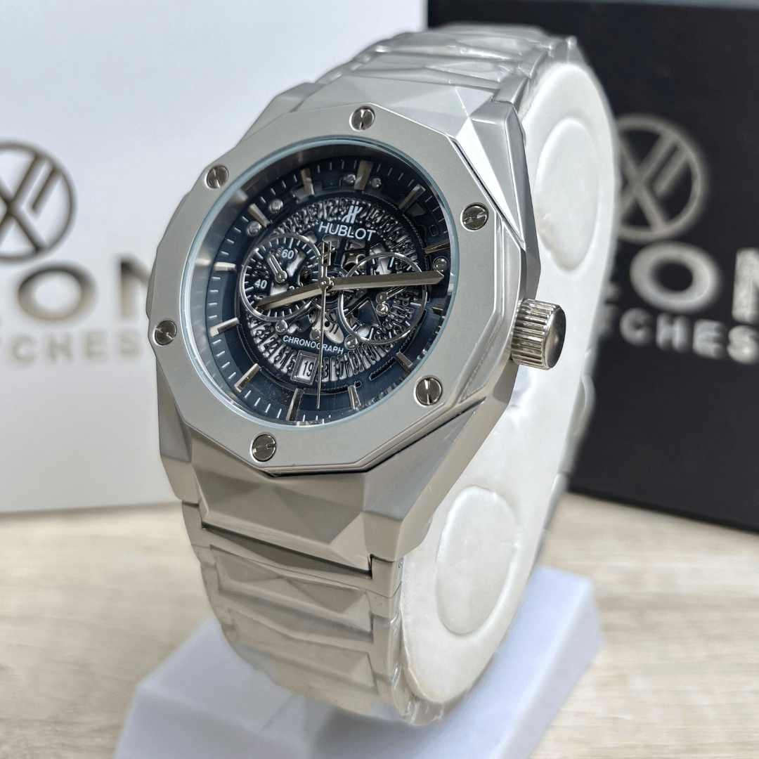 Hublot Premium Skeleton Watch - Luxury Diamond Cut Chain - Navy Blue Dial