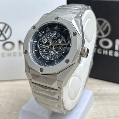 Hublot Premium Skeleton Watch - Luxury Diamond Cut Chain - Navy Blue Dial