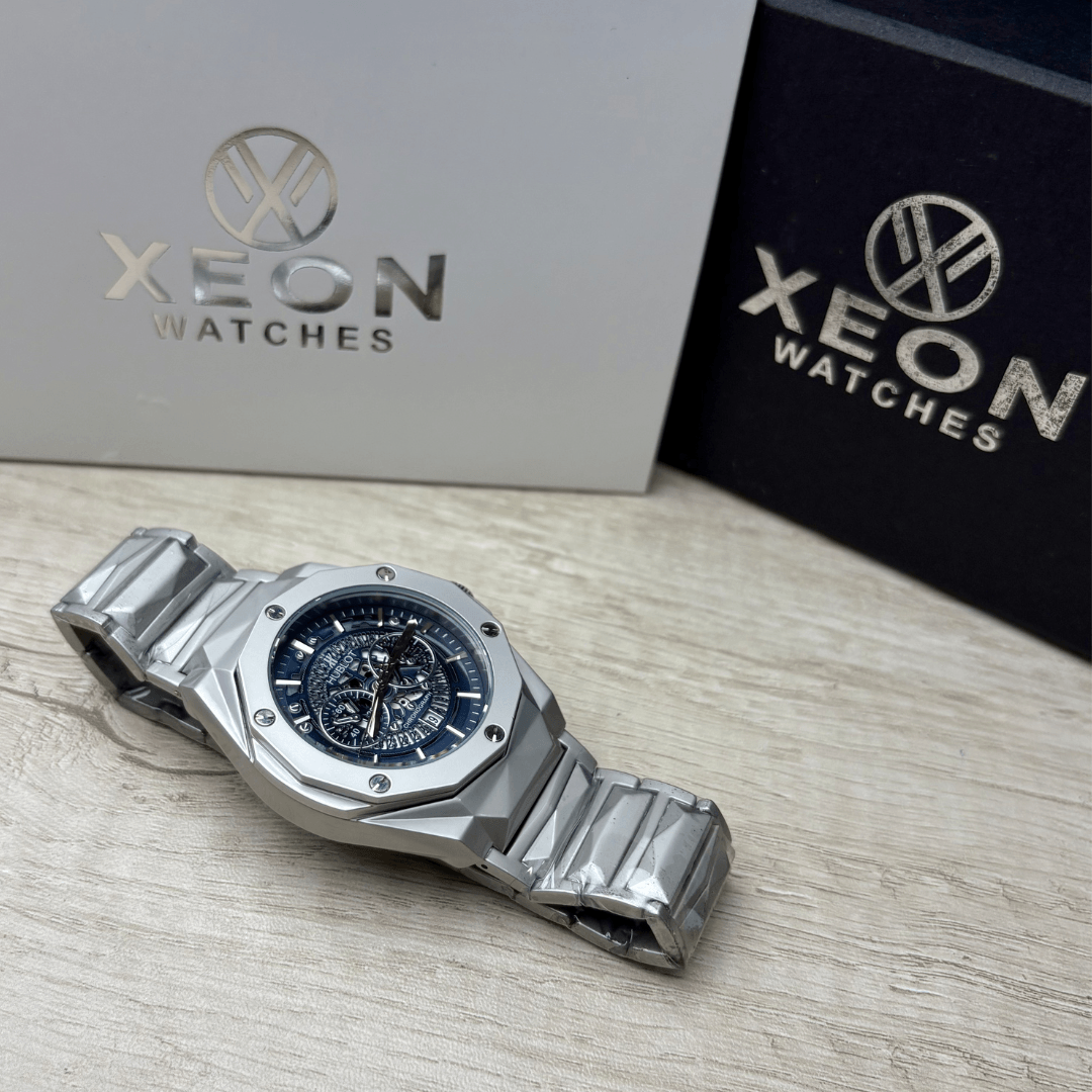 Hublot Premium Skeleton Watch - Luxury Diamond Cut Chain - Navy Blue Dial