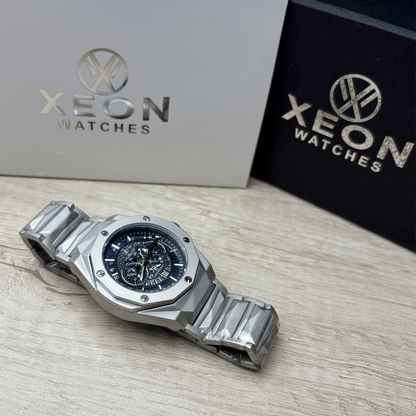 Hublot Premium Skeleton Watch - Luxury Diamond Cut Chain - Navy Blue Dial