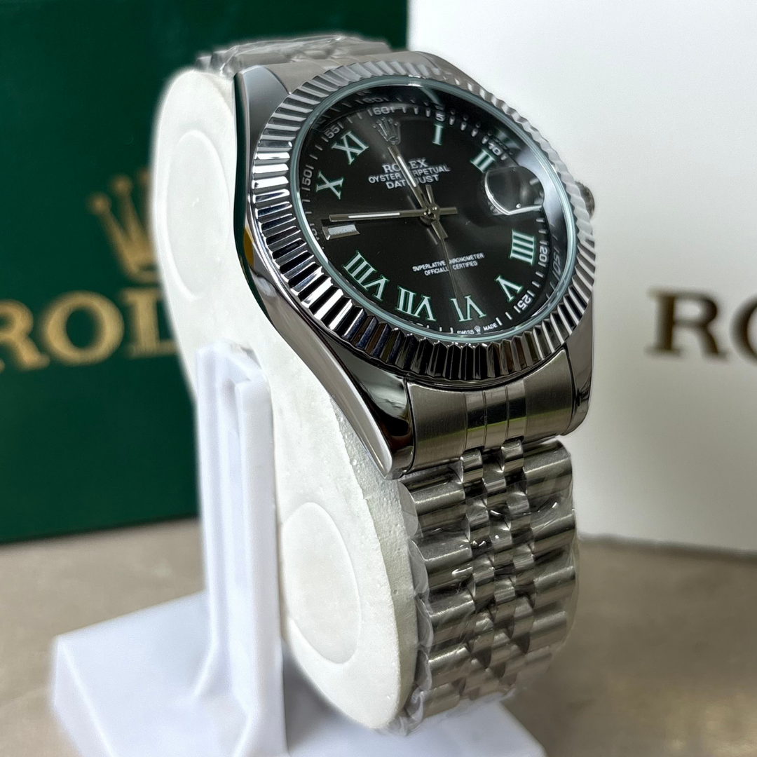 Rlx - Datejust - Roman Dial - Fluted Bezel - Black - Green Roman